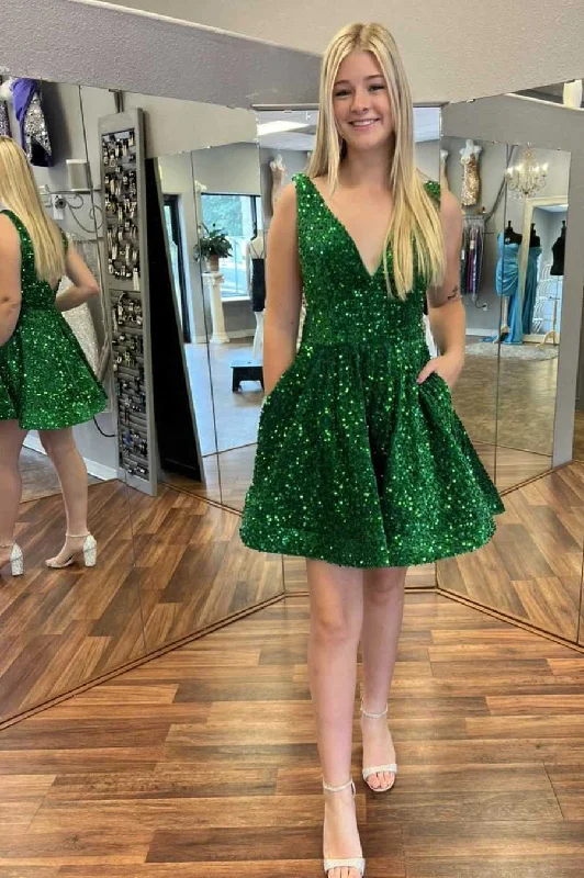 casual midi dressA-Line Green Sequin V-Neck Short Homecoming Dress