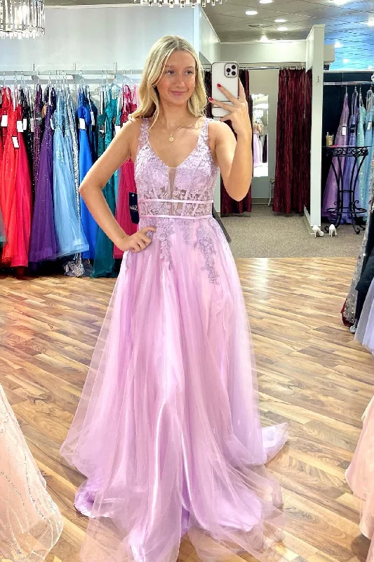 minimalistic dressLilac A-line V Neck Beaded Appliques Sleeveless Tulle Long Prom Dress