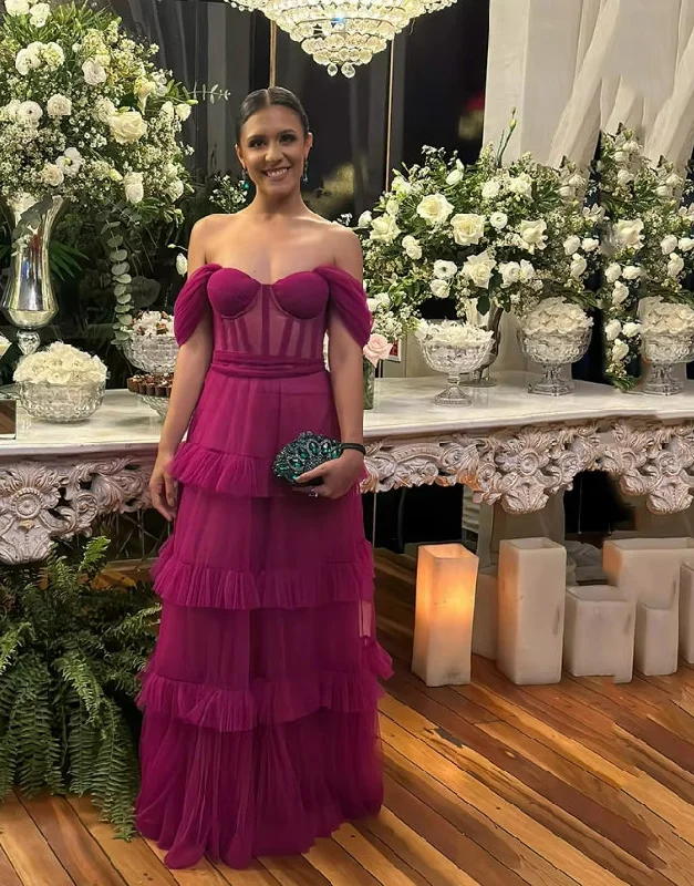 off-shoulder dressPurple Tiered Tulle Layers Long Prom Dresses Off The Shoulder Party Dress Floor Length Evening Gown robes de soirée