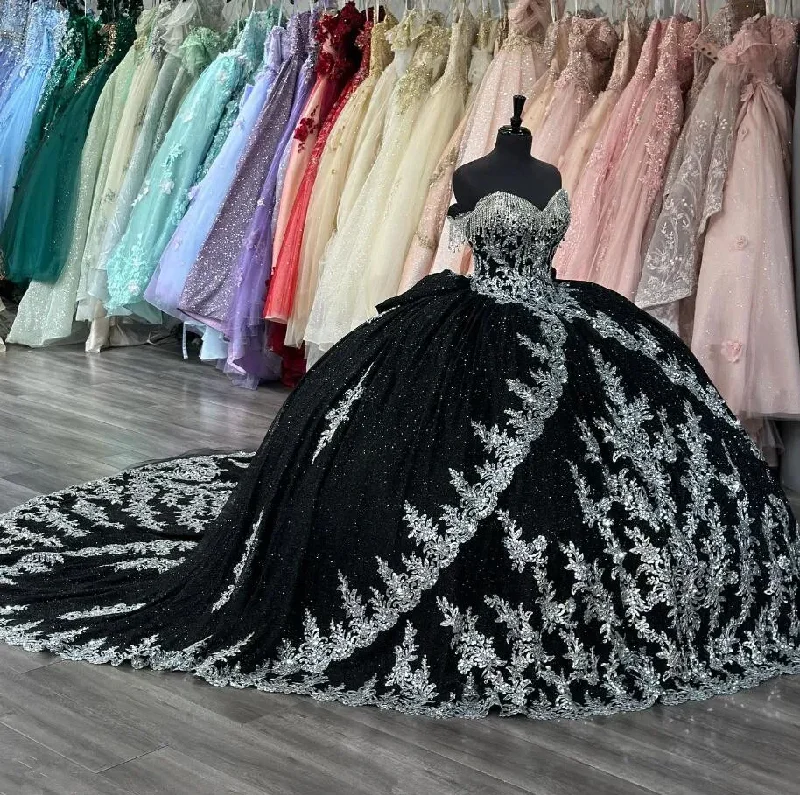 boho-chic dressBlack Silver Gothic Princess Quinceanera Dresses Sparkly Applique Tassel Corset vestidos para 15 años Prom Sweet 16