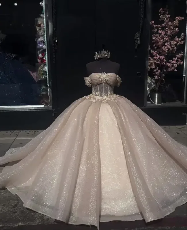 pleated dressChampagne Sparkly Princess Quinceanera Dresses Off Shoulder Gillter Corset vestidos de 15 años quinceañeras Sweet 16 prom