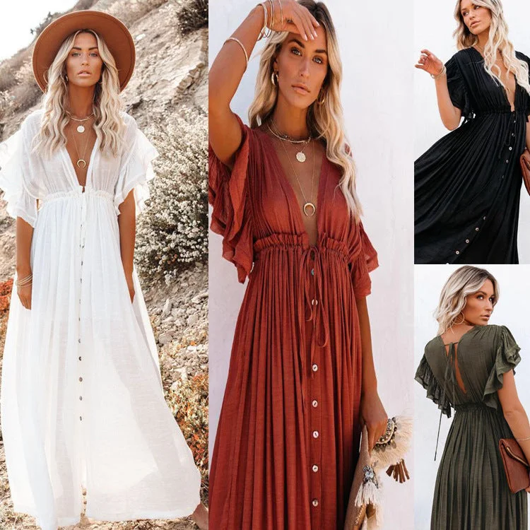 Massive Deals minimalistic dressSolid Color Beach Cover-up Slubbed Fabric Button Waist Strap Long Dress Sun Protection Shirt Massive Deals minimalistic dressSolid Color Beach Cover-up Slubbed Fabric Button Waist Strap Long Dress Sun Protection Shirt