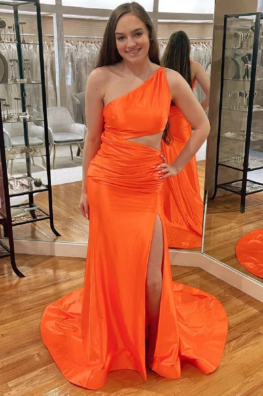 high-waisted dressOrange One-Shoulder Cutout Mermaid Long Prom Dress with Slit