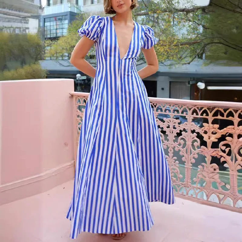 Limited Time luxury dressWomen's Fashion Striped Puff Sleeve Dress