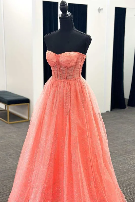 flowy dressCoral Tulle Strapless A-Line Long Prom Dress