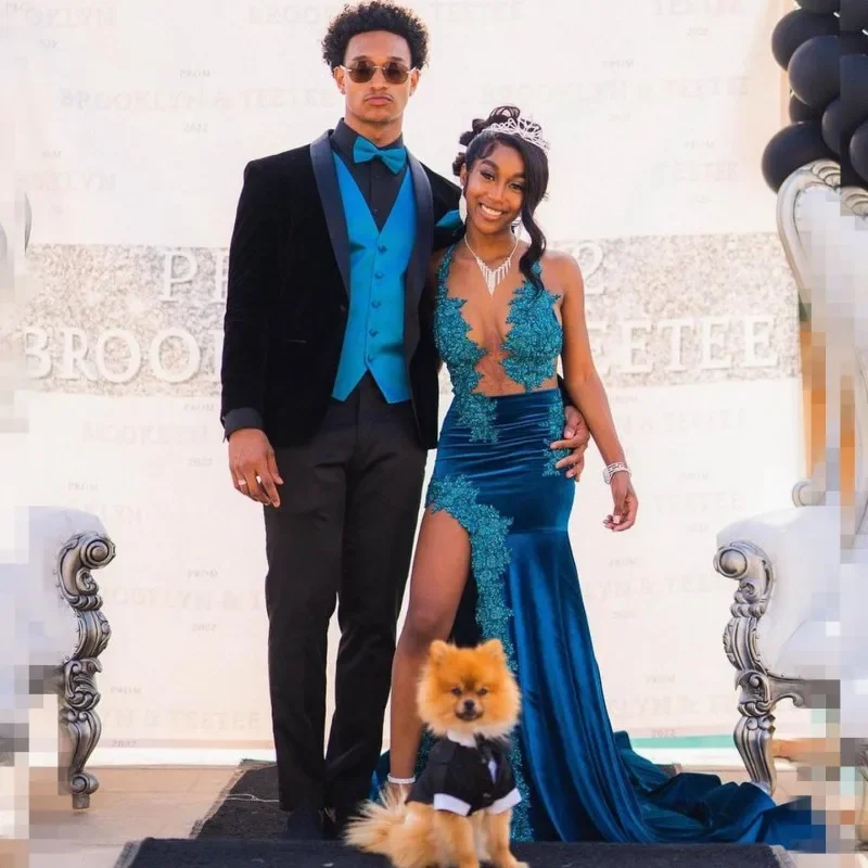 Friends and Family Sale elegant maxi dressTurquoise Prom Dresses For Black Girl 2024 Sheer Neck Mermaid Party Gowns With Golve See Through Velvet Vestidos De Festa