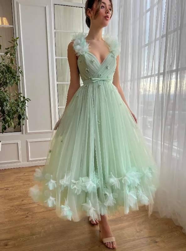 long sleeve dressOff-the-shoulder V-neck 3D Flower Cocktail Dresses Corset Sashes Sleeveless Graduation Gowns A-Line Tea-length Formal Prom Gowns