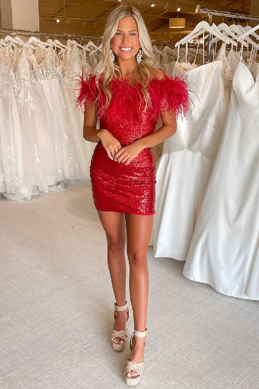 summer dressRed Off-the-Shoulder Feathered Bodycon Mini Homecoming Dress