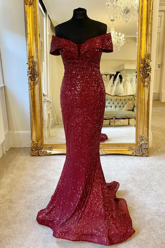 Doorbuster Deal casual shift dressOff the Shoulder Burgundy Sequins Mermaid Long Formal Dress