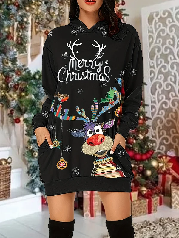 Epic Deals Christmas Print Casual Hoodie Dress Long Sleeve Hooded Dress