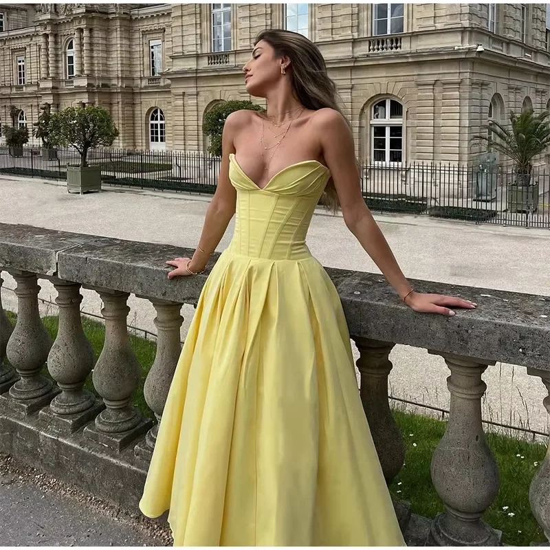 bohemian dressChic Sleeveless Backless High Waist A-line Gown Lady Fashion Party Robe Elegant Yellow Women's Strapless Pleated Long Dress