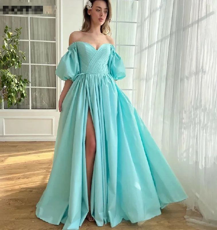 elegant dressA-line Prom Dress Sweetheart Puff Sleeves Off Shoulder Formal Occasion Gowns High Side Slit Long Evening Dress for Women