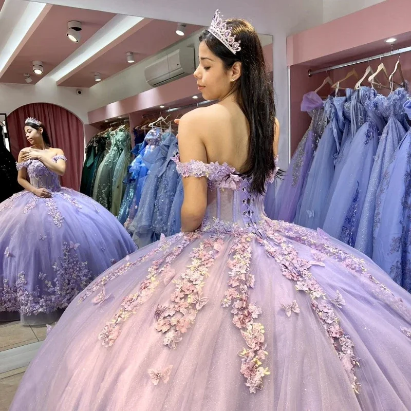 wool dressMexican Lavender Quinceanera Dresses Ball Gown Beaded Lace Appliques Bow Sweet 16 Dress Princess Lace Up Vestido De 15 Anos