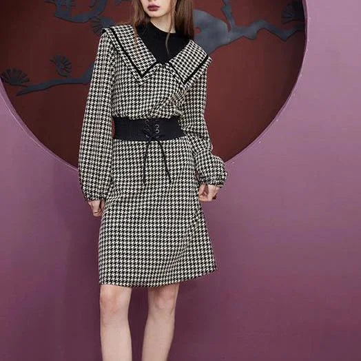 trendy mini dressRetro Plaid Long Sleeve Knee-Length Dress