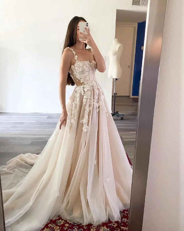 Bargain Bin trendy mini dressIvory 3D Flowers Wedding Dresses Spaghetti Strap Sweetheart Bridal Gowns For Bride Vintage Appliques Lace Boho Bride Dress tulle