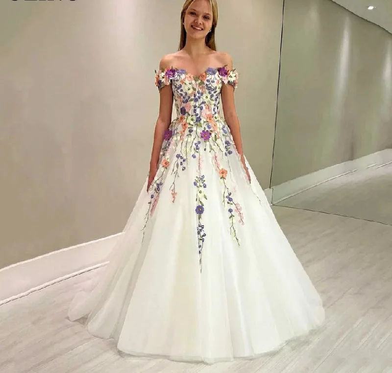 Low Prices ruched dressOff The Shoulder Wedding Dress Flower Lace Evening Dress White Corset Back Prom Dress With Appliques