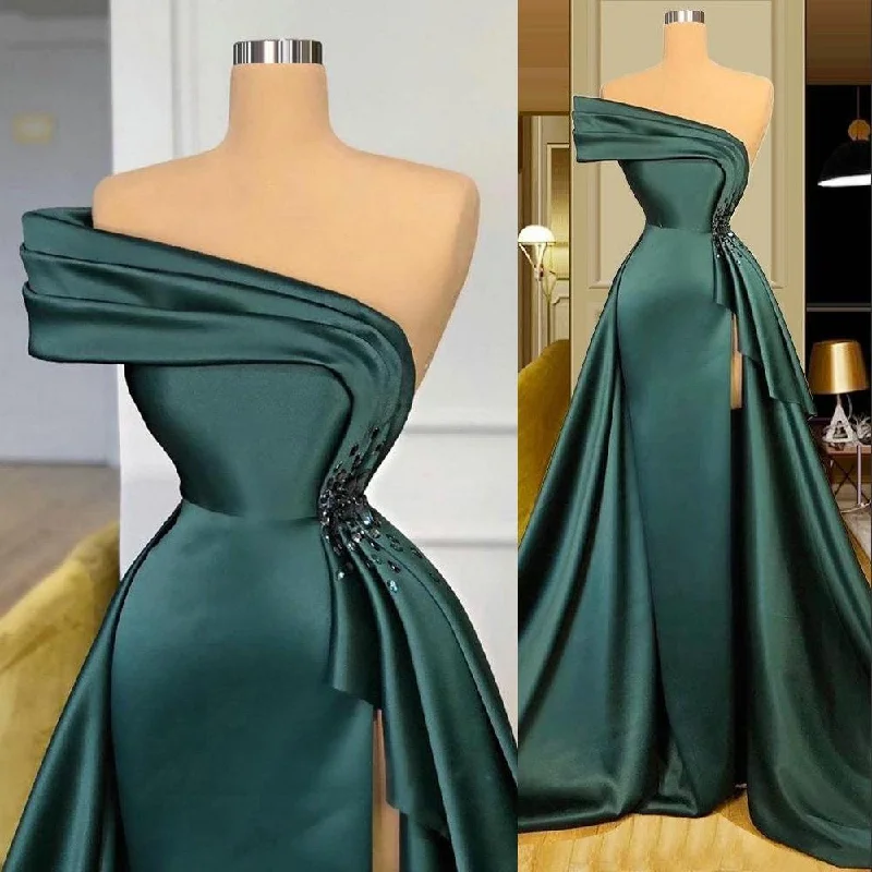 party dressNew Long Satin Evening Dresses Wear Elegant Ruched Crystal Beads Split One Shoulder Evening Gowns Formal Women Prom Dresses S23314