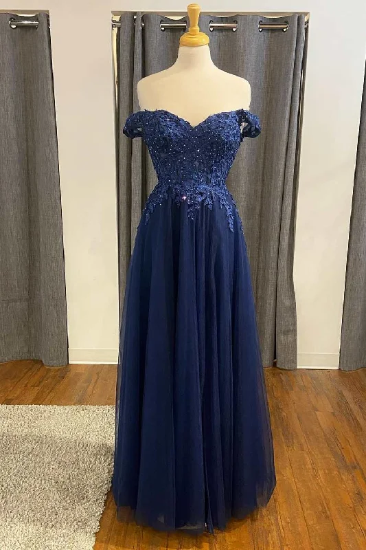 knit dressNavy Blue Appliques Off-the-Shoulder A-Line Formal Dress