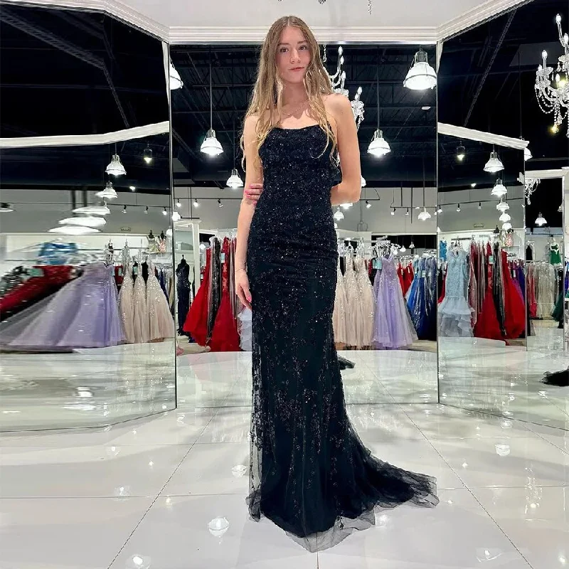 one-shoulder dressBlack Appliques Lace 3D Flowers Mermaid Prom Dresses Sleeveless Evening Gown Graduation Party Dress Pageant Gowns