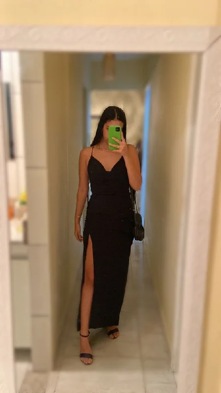 Low Prices casual midi dressElegant Black Sheath Evening Dress With Split,Black Evening Gown Y6135