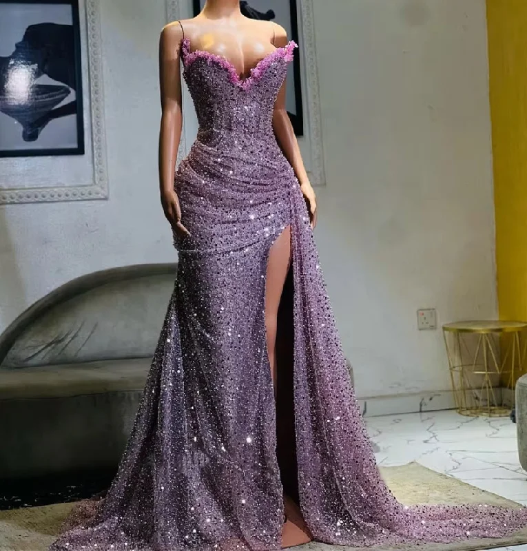 trendy dressLight Purple Beaded Sweetheart High Split Aso Ebi Luxury Evening Dresses For Wedding 2024 Mermaid Prom Dresses Elegant Gowns