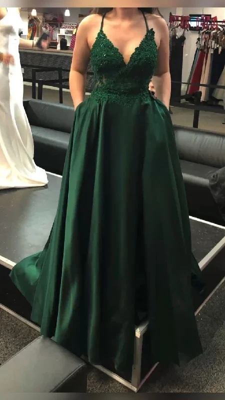 Special Price layered dressDark Green V Neck A-line Evening Dress With Pockets Y5738 Special Price layered dressDark Green V Neck A-line Evening Dress With Pockets Y5738
