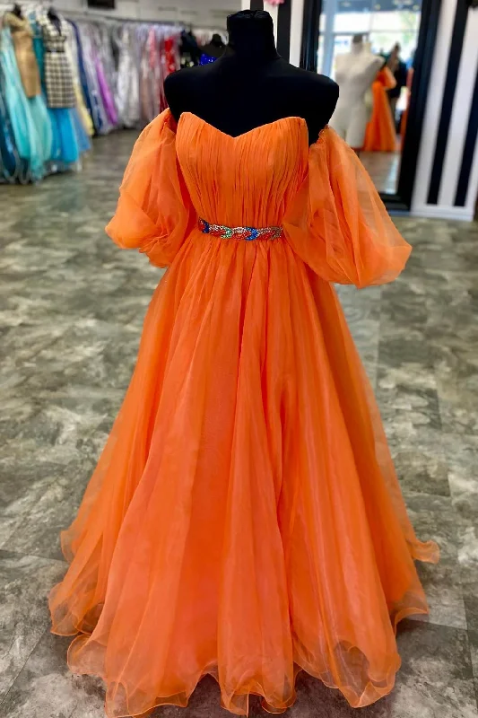 cocktail party dressPuffy Sleeves Orange Long Formal Dress