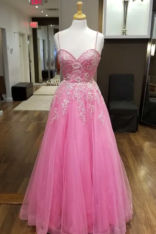 casual evening dressHot Pink Floral Lace Sweetheart A-Line Prom Dress