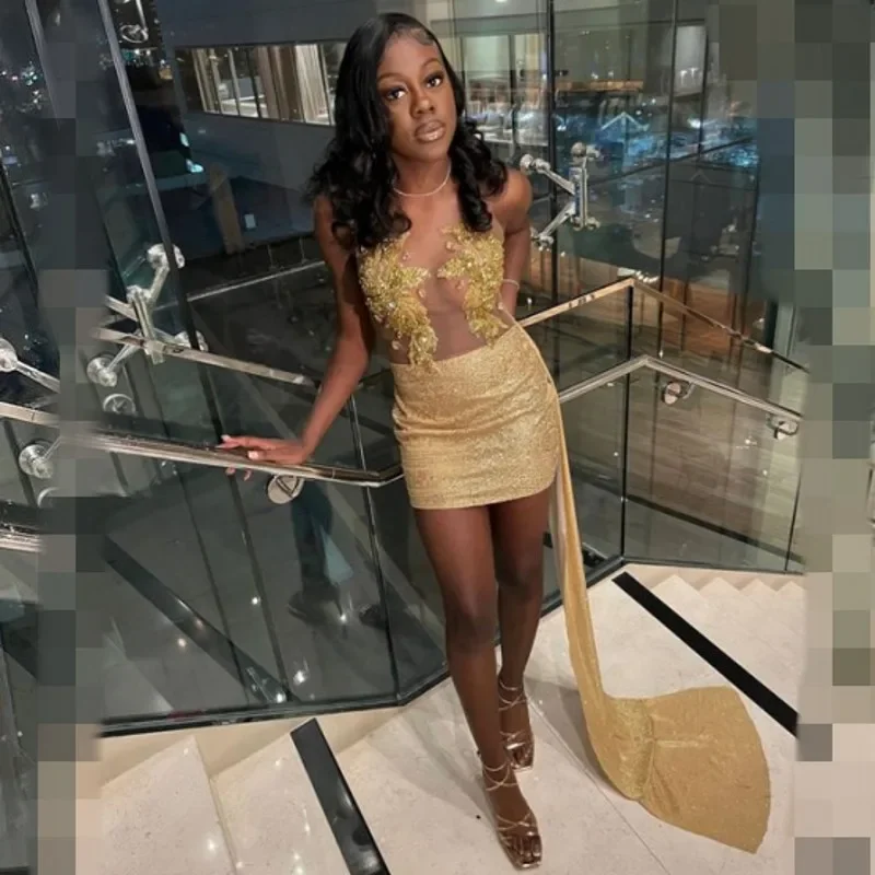 Can't Miss ashionable dressSimiple Gold Short Prom Dresses With Train Beading Applique Sequin Party Gowns Sheer Neck Mini Birthday Outfit Vestidos De Gala