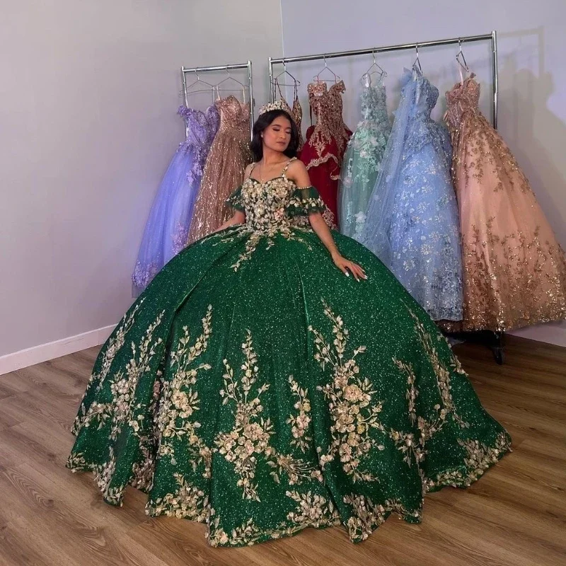 Deal Dash ruched dressGreen Shiny Spaghetti Strap Ball Gown Quinceanera Dresses Gold Lace Appliques Flowers Corset Back Formal Birthday Vestidos De 15 Deal Dash ruched dressGreen Shiny Spaghetti Strap Ball Gown Quinceanera Dresses Gold Lace Appliques Flowers Corset Back Formal Birthday Vestidos De 15