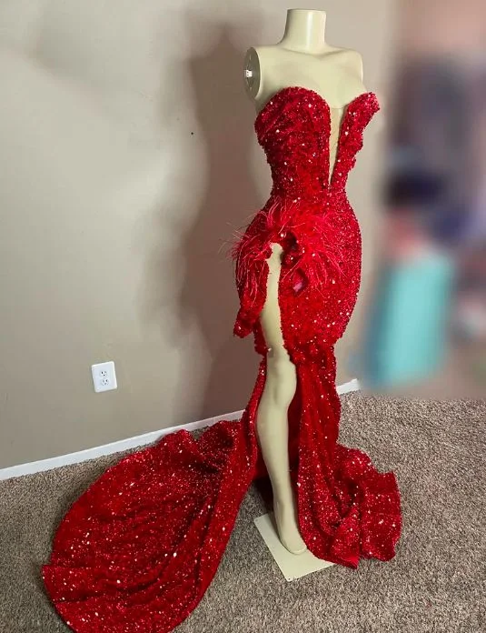 Final Clearance comfy dressSparkly Sequined Red Sweetheart Long Prom Dress For Black Girls Feathers Birthday Party Gowns High Slit Evening Gown Y6599 Final Clearance comfy dressSparkly Sequined Red Sweetheart Long Prom Dress For Black Girls Feathers Birthday Party Gowns High Slit Evening Gown Y6599