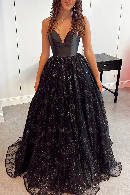 trendy mini dressBlack Empire A-line Tull Long Prom Dress