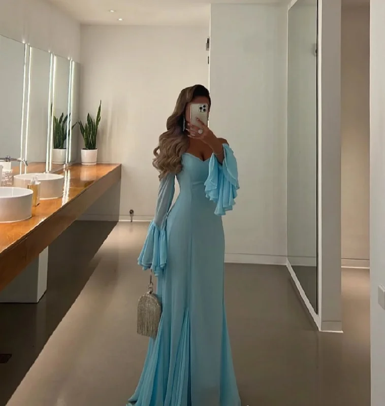 casual dressBlue Chiffon Mermaid Evening Dresses Off Shoulder Formal Occasion Gown Halter Prom Dress Evening Gowns Floor Length