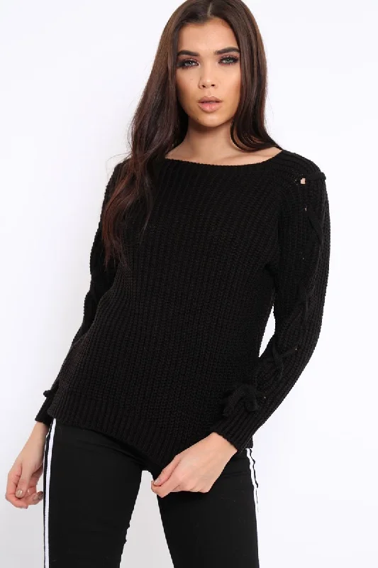 cool graphic pulloverBlack Chunky Knit Lace Up Sleeve Jumper - Sarah