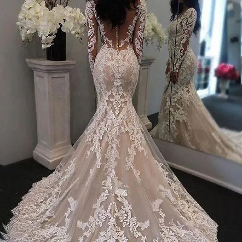 statement dressBackless Exquisite Lace Wedding Dresses For Women Mermaid Full Sleeve Embroidery Appliques Illusion Bridal Gown Vestido De Novia