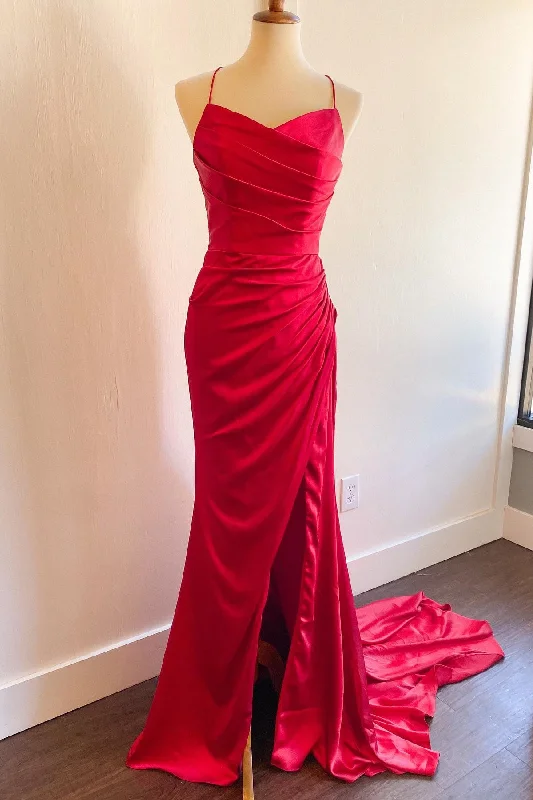 textured dressStraps Red Ruched Mermaid Long Formal Dress