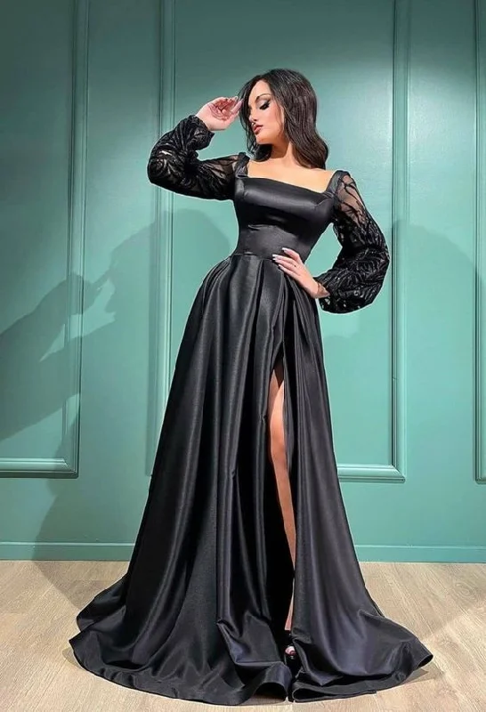 casual summer dressBlack High Split Satin Evening Dress Square Collar Puff Long Sleeves Y7093