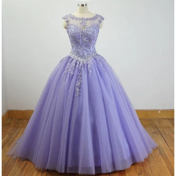 A-line dressGorgeous Cap Sleeves Lavender Ball Gown Quinceanera Dresses Lace Appliqued Sweet 16 Dress Y7341