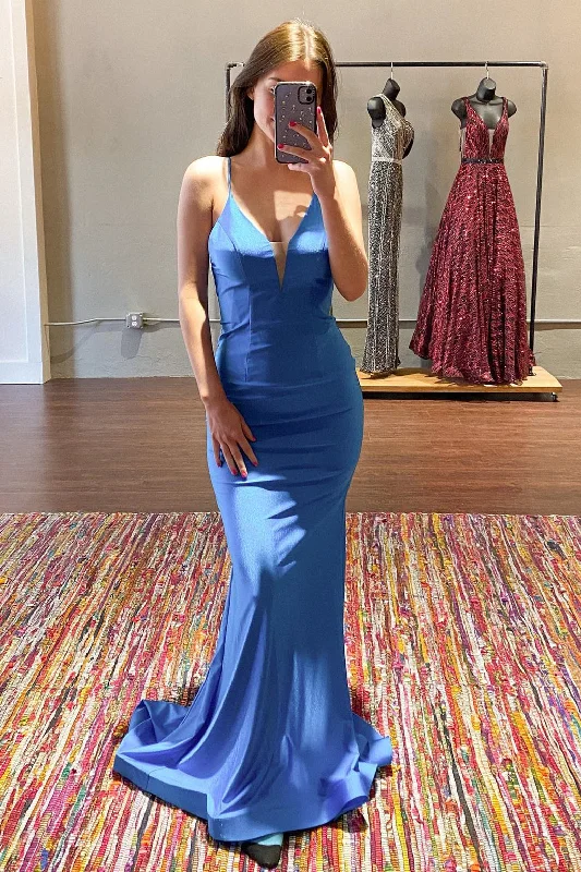 stylish party dressStraps Mermaid Royal Blue Long Formal Dress with Open Back