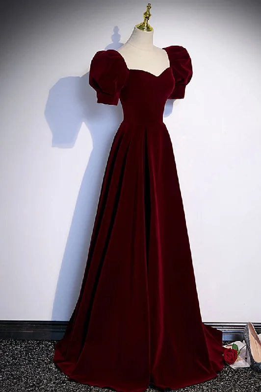 Amazing Deals long-sleeve floral dressBurgundy Velvet Long A-Line Prom Dress, Simple Short Sleeve Party Dress Y6972