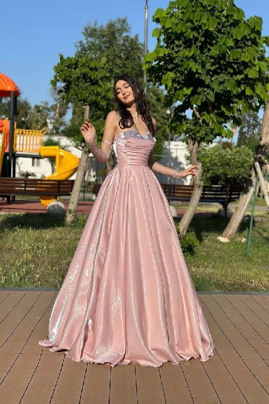 casual shift dressCharming Pink Strapless Beading A Line Long Prom Dress With Detachable Sleeves Y7645