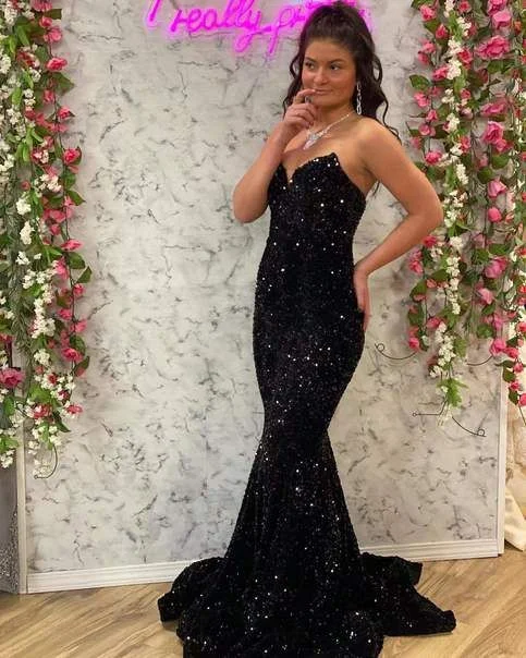 Daily Deals floral wrap dressMermaid Sweetheart Black Sequins Long Prom Dress