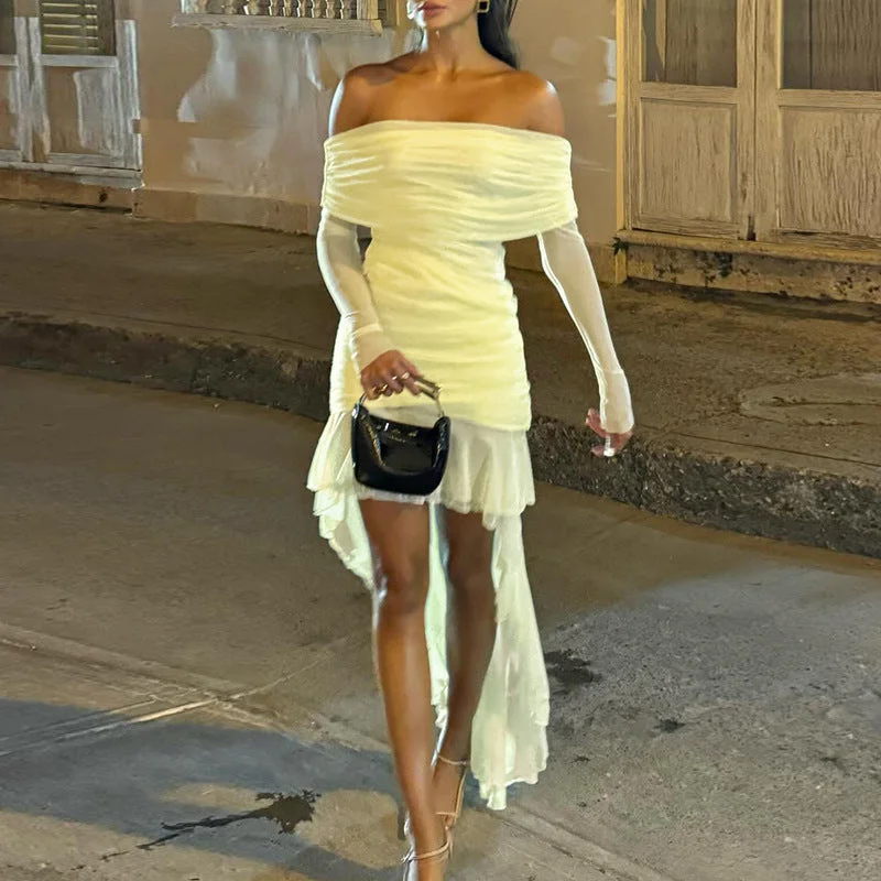 Buy More, Save More office dressSlim-fit Pleated Off-shoulder Dress Women