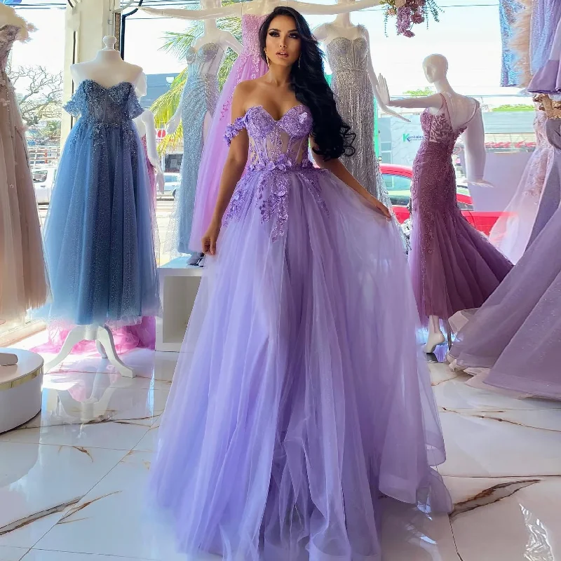 casual midi dressLilac Tulle Off the Shoulder Prom Dresses Sweetheart A-line 3D Flower Homecoming Dress Elegant Lace Up Ruched Party Gowns 2024