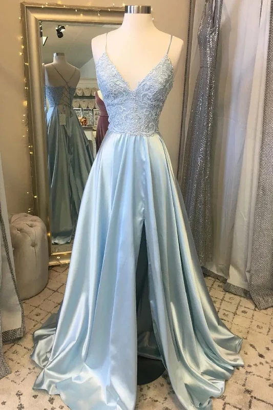 tiered dressLight Blue Lace Lace-Up Back A-Line Prom Dress with Slit