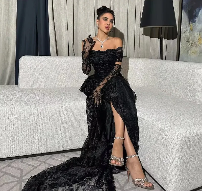 lace dressElegant Lace Saudi Arabia Prom Dresses Strapless Off Shoulder Evening Gown Split Formal Occasion Dress with Gloves