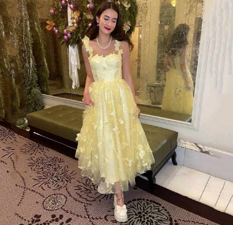 Best Bargains sleeveless dressYellow Prom Dresses Fairy Spaghetti Strap 3D Butterfly Tea Length Party Dress For Women Lace Up Back Evening Gowns