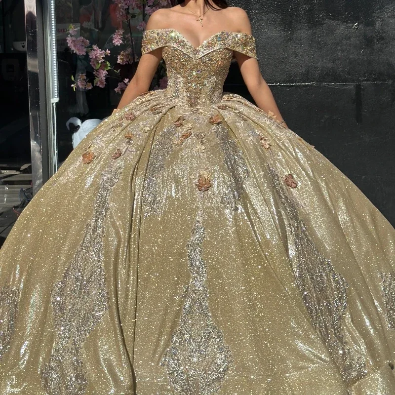 Super Bargain fitted bodycon dressGold Sexy Off the Shoulder Shiny Quinceanera Dresses Ball Gown Appliques Flower Beaded Mexican Sweet 16 Dresses 15 Anos