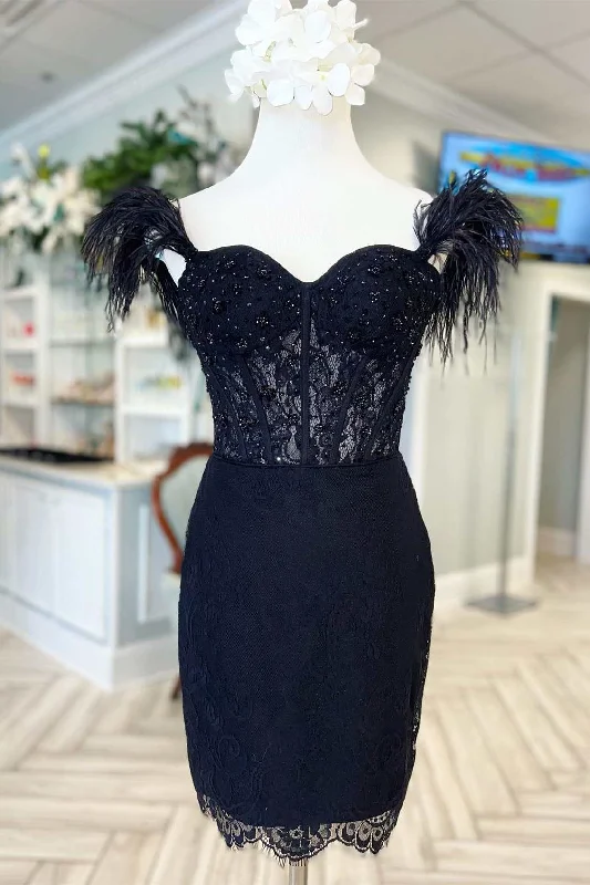 winter dressBlack Lace Feather Sweetheart Short Party Dress