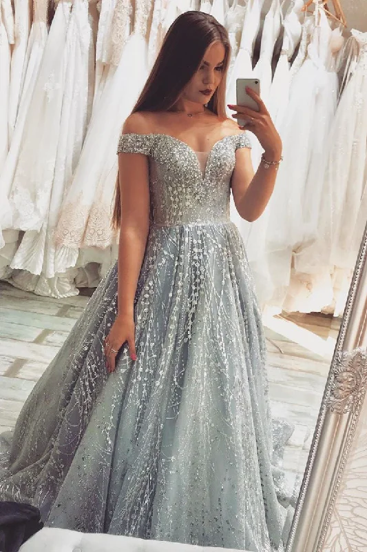 Super Sale lace-up dressGorgeous Off the Shoulder Silver Beaded Long Prom Dress